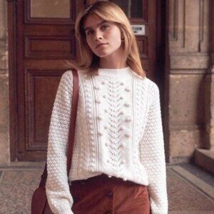 SEZANE Cream Cable knit Sweater with popcorn detail